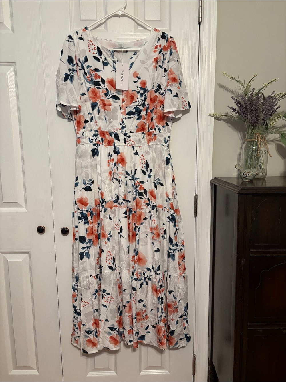 Floral White Maxi Dress with Coral & Navy Bloom Print